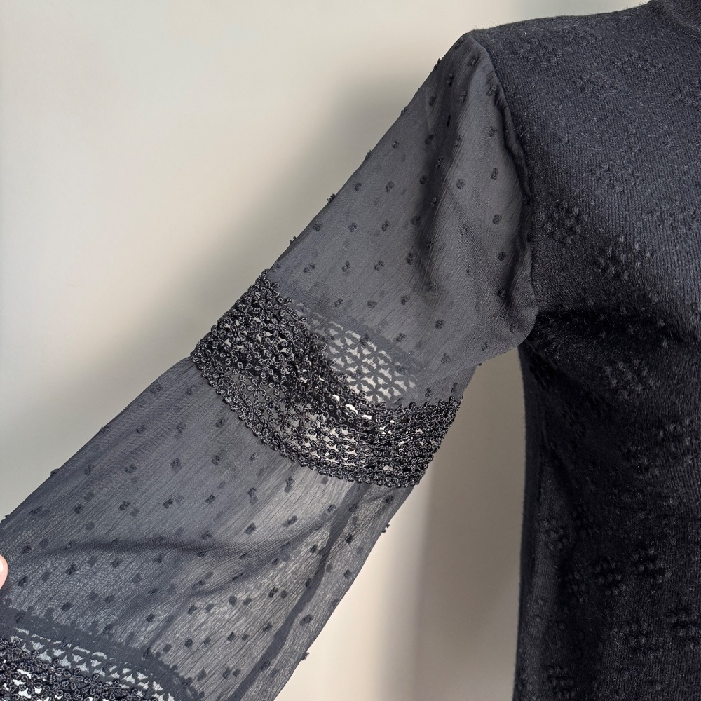 Leo & Ugo Paris Mock Neck Textured Lightweight Sweater Top Sheer Arms Black 4 - Picture 4 of 16